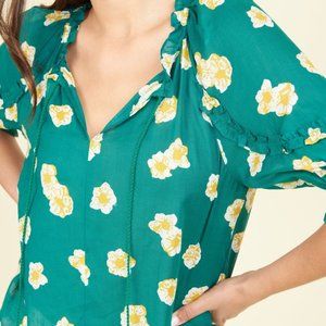 NWT Daniel Rainn Dae Green Ruffle Floral Puff Sleeve Boho Peasant Blouse Sz S